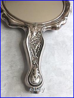 Vintage Art Nouveau Angel With Trumpet Silver-Plated Antique Vanity Hand Mirror