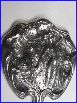 Vintage Art Nouveau'Woman With Roses' Silver-Plated Antique Vanity Hand Mirror