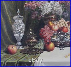 Vintage BELA BALOGH Still Life Oil Painting, Lilac Flowers Grapes & Silverplate