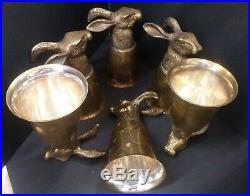 Vintage BRASS Fox Hunt Animal Head Stirrup Goblet Cups 1970s SIX pc SET