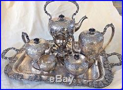 Vintage Barbour Tea Coffee Set & Crescent Serving Tray Silverplate Engraved FWB
