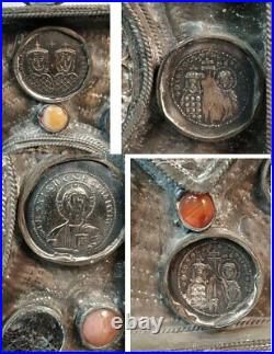 Vintage Byzantine Style Icon Jesus Mary Silver Plated Coin Paste Glass Rare 50's