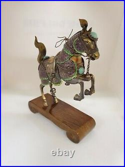 Vintage Chinese Silver Gold Plate Filter Enamel Horse