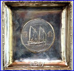 Vintage Chinese Sun Yat Den Junk Boat Sterling Silver Tray With Old Silver Coin