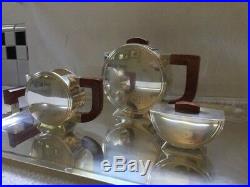 Vintage Christofle Art Deco Coffee Set With Tray Silver Plate And Wood Handles