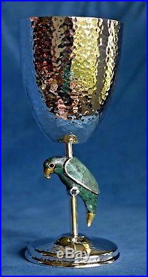 Vintage EMILIA CASTILLO Mexico Inlay Green Stone Parrot Hammered Silver Goblet