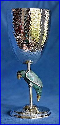 Vintage EMILIA CASTILLO Mexico Inlay Green Stone Parrot Hammered Silver Goblet