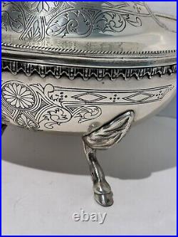 Vintage Early 20th Century Engraved Silver Plate Elk Motif Soup Tureen Buffet