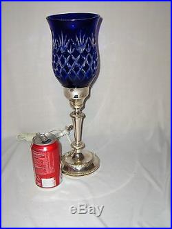 Vintage Electric Silver Plate Table Lamp Blue Cut Glass Bohemian Shade NICE