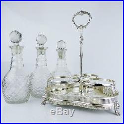 Vintage English Large Silver Plated & Cut Glass 3 Decanters Tantalus Liqueur Set