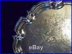 Vintage English Silver Chippendale Chased Medium Sz Sheffield Silver Salver Tray