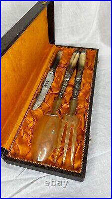 Vintage Ercuis France Silver Plate & Horn Salad Serving Set Fork Knife Spoon Old