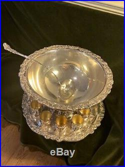 Vintage FB Rogers Large Silverplate Punch Bowl, Ladle & 12 Cups. Stunning