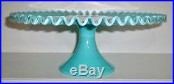 Vintage FENTON Art Glass Silver Crest Turquoise FOOTED CAKE PLATE STAND A1300