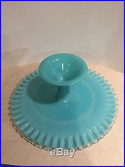 Vintage Fenton Art Glass Turquoise Silver Crest Footed Cake Plate Stand