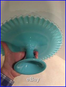 Vintage Fenton Art Glass Turquoise Silver Crest Footed Cake Plate Stand