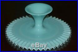 Vintage Fenton Glass Turquoise Silver Crest Footed Pedestal Cake Plate Stand