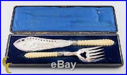 Vintage Fish Knife & Fork Serving Set Silver Plated with Tan Handles