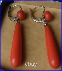 Vintage French 1920's faux Coral Drop gold plated silver leverback Earrings
