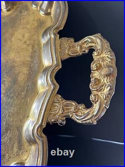 Vintage Gold Plate Butler Tray Relief Embossed Four Ornate Feet 23x13x2 Inches