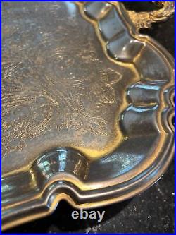Vintage Gold Plate Butler Tray Relief Embossed Four Ornate Feet 23x13x2 Inches