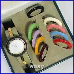 Vintage Gucci 1100 Gold Plated Womens Bangle Watch 10 Interchangeable Bezels