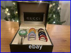 Vintage Gucci Silver Plate Bangle Changeable Bezel Quartz Ladies Watch + Box
