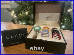 Vintage Gucci Silver Plate Bangle Changeable Bezel Quartz Ladies Watch + Box
