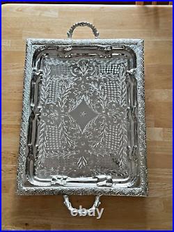 Vintage Handmade Moroccan Silverplate Serving Tray with Open Handles and Legs