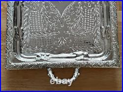 Vintage Handmade Moroccan Silverplate Serving Tray with Open Handles and Legs