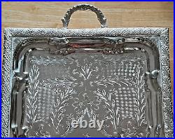 Vintage Handmade Moroccan Silverplate Serving Tray with Open Handles and Legs