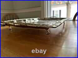 Vintage Handmade Moroccan Silverplate Serving Tray with Open Handles and Legs