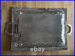 Vintage Handmade Moroccan Silverplate Serving Tray with Open Handles and Legs