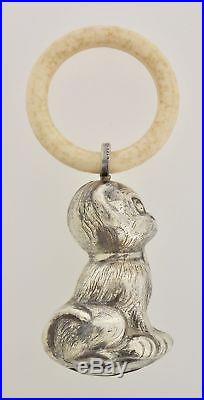 Vintage Heavy Silverplate Kitty Cat Baby Rattle Teething Ring Marked Denmark