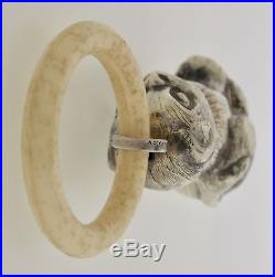 Vintage Heavy Silverplate Kitty Cat Baby Rattle Teething Ring Marked Denmark