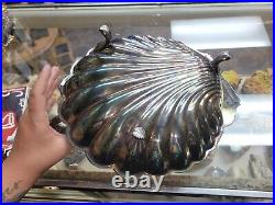 Vintage Hollywood Regency Style Silver Plate Shell Double Sided Serving Dish