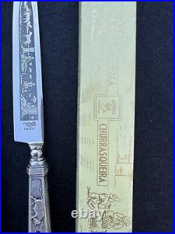 Vintage INOX Brazilian Silver Plated Gaucho Knife Cowboy Theme Churrasqueira