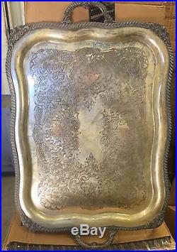 Vintage LARGE 2 Handled Footed Silver On Copper Serving Tray Antique 27 x 18