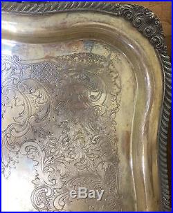 Vintage LARGE 2 Handled Footed Silver On Copper Serving Tray Antique 27 x 18