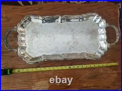 Vintage Large Etched Silver Plated Footed Rectangular Serving Tray withHandles