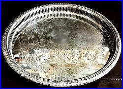 Vintage Large Round Heavy English Silver Plated Galleried Tray (14/38cm, 750g)