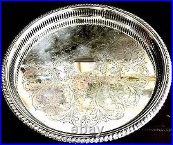 Vintage Large Round Heavy English Silver Plated Galleried Tray (14/38cm, 750g)