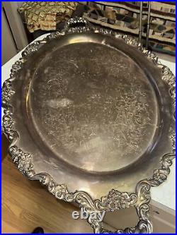 Vintage Large Silver Plated Footed Butler Serving Tray With Ornate Handles