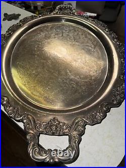 Vintage Large Silver Plated Footed Butler Serving Tray With Ornate Handles