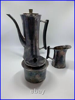 Vintage MCM Berg Denmark silver plate teapot creamer covered sugar black handles