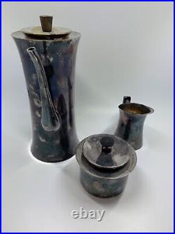 Vintage MCM Berg Denmark silver plate teapot creamer covered sugar black handles