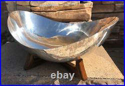 Vintage Mid-Century Modern MCM Modernist Silver Plate Footed Bowl Wooden Base
