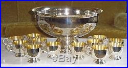 Vintage Mid Century Modern Silver Plate Punch Bowl Set with 12 Cups Signed Towle