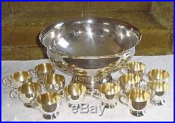Vintage Mid Century Modern Silver Plate Punch Bowl Set with 12 Cups Signed Towle