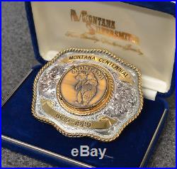 Vintage Montana Silversmiths 1889-1989 Centennial Belt Buckle Silverplate & Coin